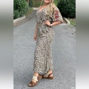 THML Leopard Print Wide Leg Jumpsuit Size M